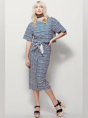 Wayf Navy, White, and Yellow Striped Top And Skirt Set
